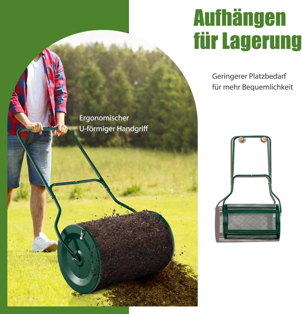 Rullo Spargiconcime Prato da 80L, Spargiconcime a Rullo Ø41 x 68 cm con Manico e Cestello in Rete Metallica, Spargiterriccio da Giardino per Concimazione e Semina (Verde)