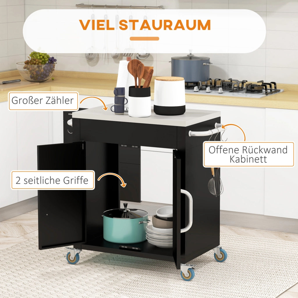 CARRELLO DA CUCINA con armadio, ganci e ruote 86x50x86,5 cm nero