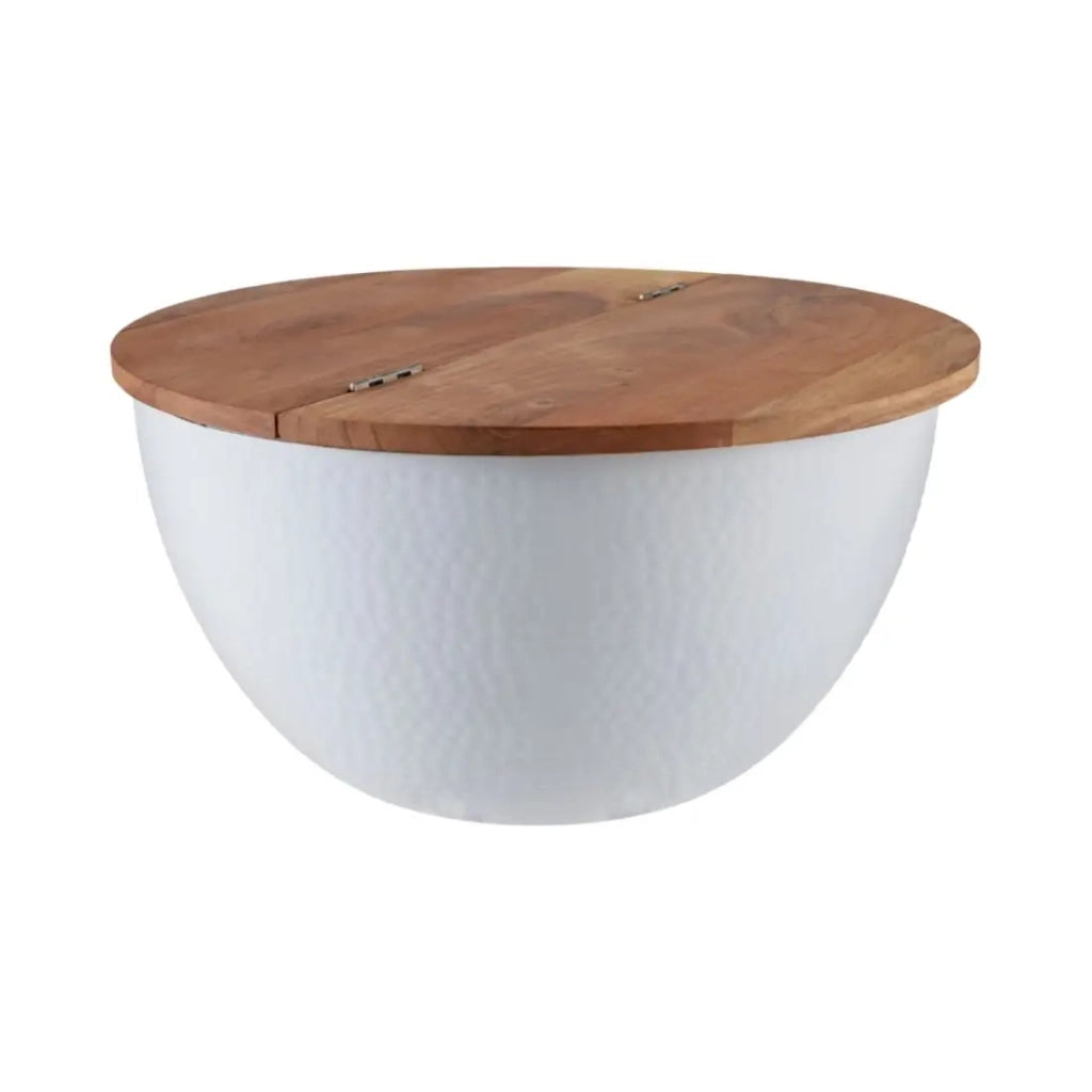 Tavolino basso TRIANE 60 cm con contenitore – Piano in legno di acacia e struttura in metallo bianco martellato