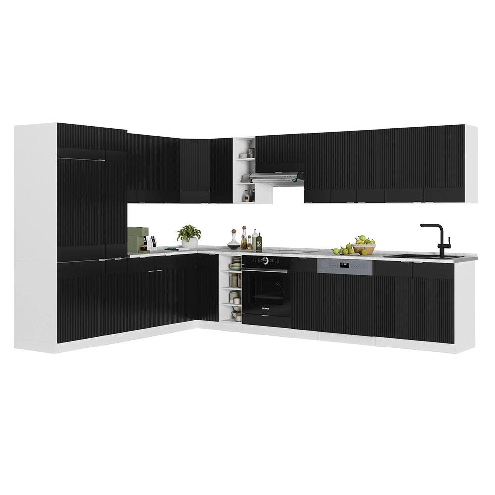 Cucina angolare completa Fame-Line Nero rigato/Bianco 347 x 60 cm, PL Antracite Vicco