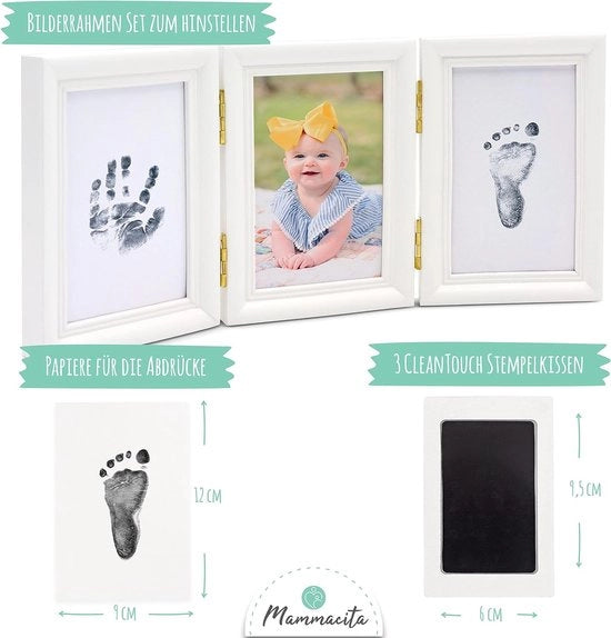 Set per impronte digitali e piedi per bambini da 0 a 6 mesi, con inchiostro sicuro e cornice in legno con 3 aperture, cuscino per impronta digitale e piede del bambino, regalo ideale per bambini