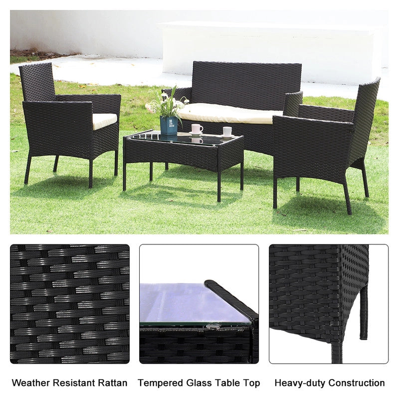 Set di mobili da giardino in polyrattan, nero, 7 pezzi, con cuscino e tavolo, per esterni, giardino, terrazza
