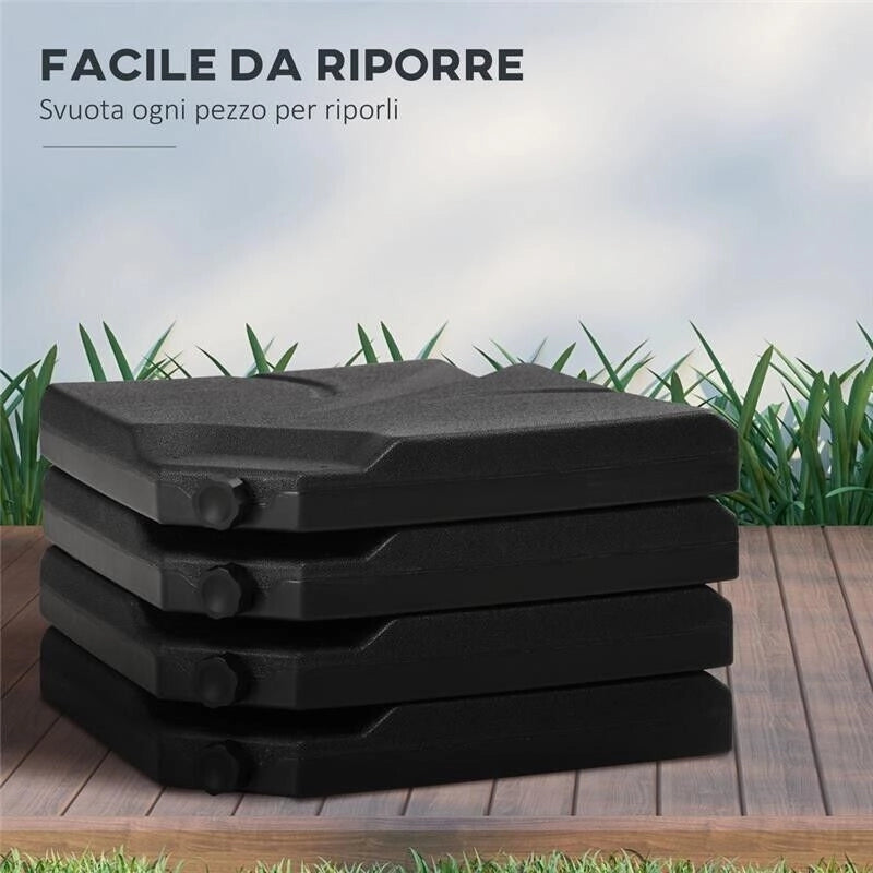 BASE PER OMBRELLONE IN HDPE DA 4 PEZZI, RIEMPIBILI CON ACQUA E SABBIA MAX 18KG, 103X103X8.3 CM, NERO