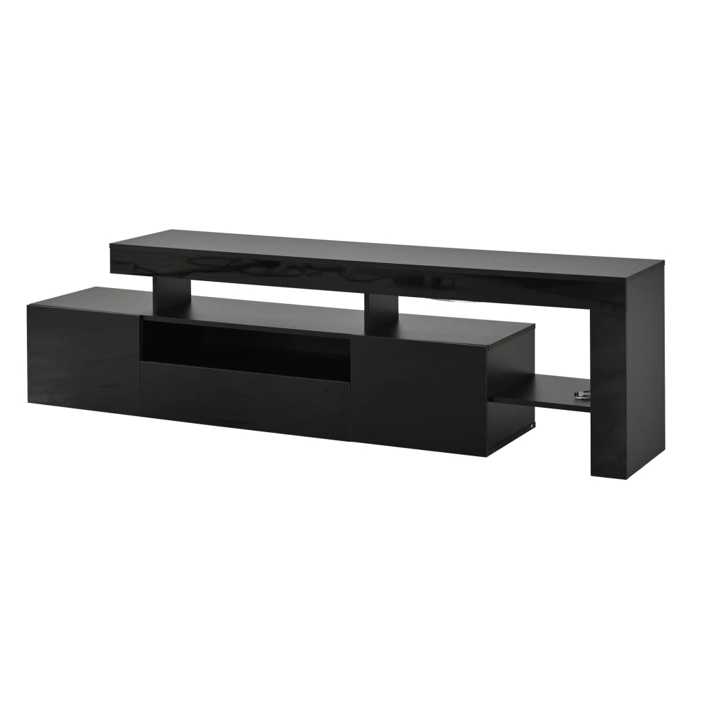 Mobile TV lucido nero 192x37x53 cm per TV fino a 85", con 3 ante, LED con controllo da app e ripiani aperti