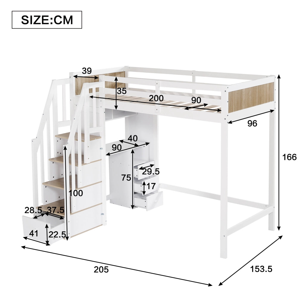 Letto a Castello 90x200 cm con Scrivania; 3 Cassetti; Scala Contenitore e Libreria