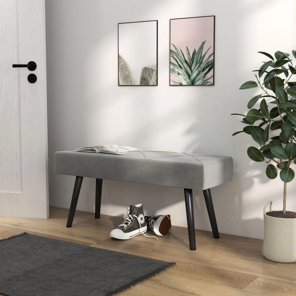 Panca imbottita effetto velluto, per camera e ingresso, gambe in acciaio, grigio, 100 × 36 × 45 cm