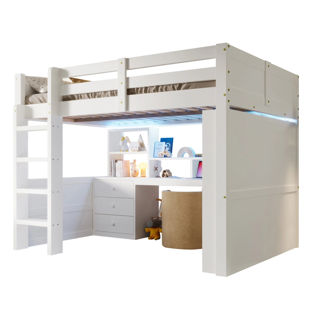 Letto a soppalco 140x200 cm con LED; armadio; scrivania e 3 cassetti bianco