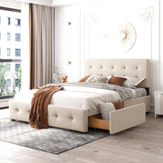 Letto matrimoniale imbottito con 4 cassetti e doghe; rivestimento in velluto beige; 140x200 cm; senza materasso