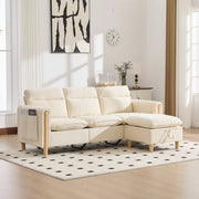 Divano ad angolo modulare in chenille con pouf contenitore e tasche laterali in legno beige per piccoli spazi