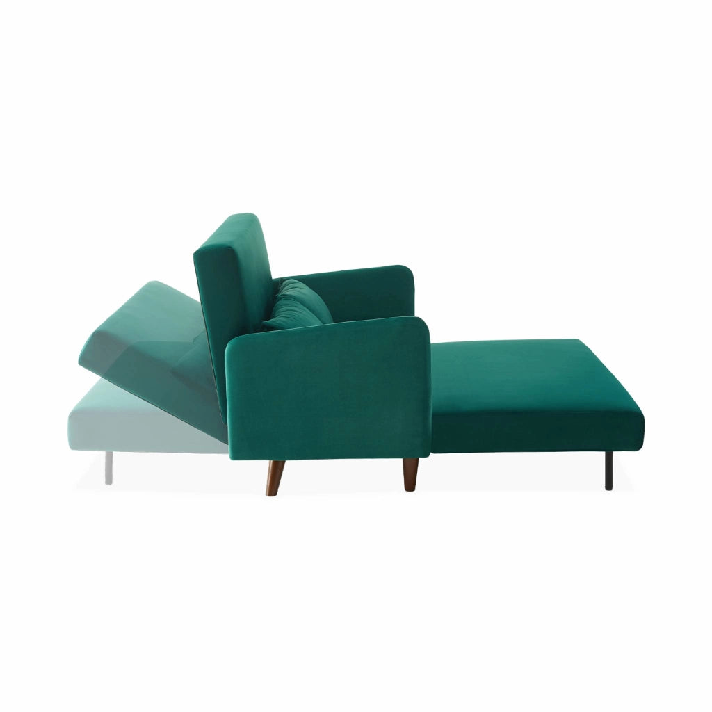 Divano letto in velluto con gambe in legno, 2 posti, verde