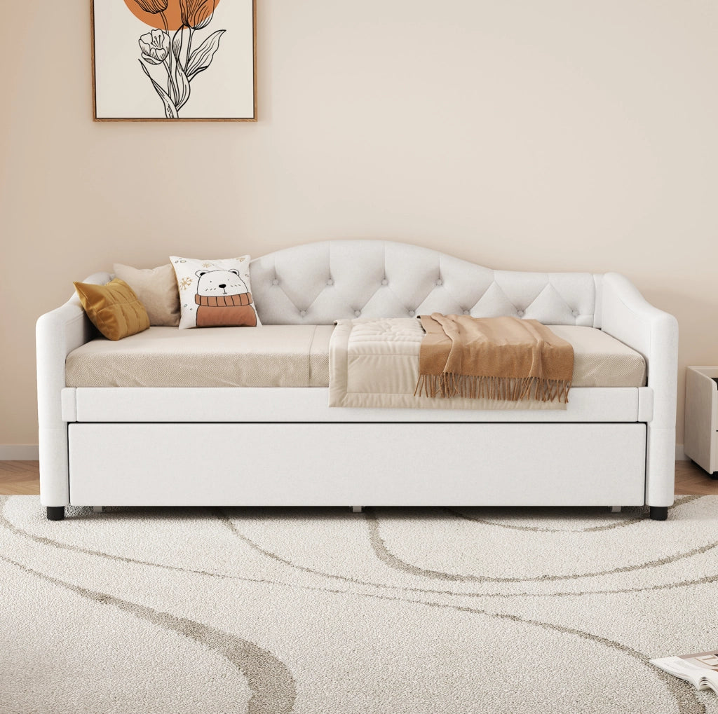 LETTO estraibile 90x200 cm beige in lino e MDF