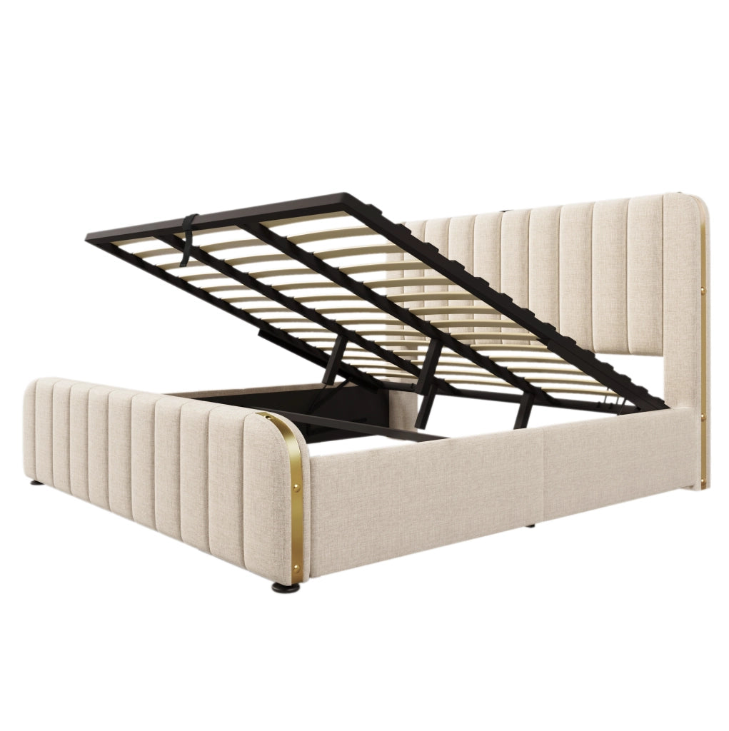 Letto matrimoniale imbottito 180x200 cm in lino beige con contenitore; USB e porta Type-C