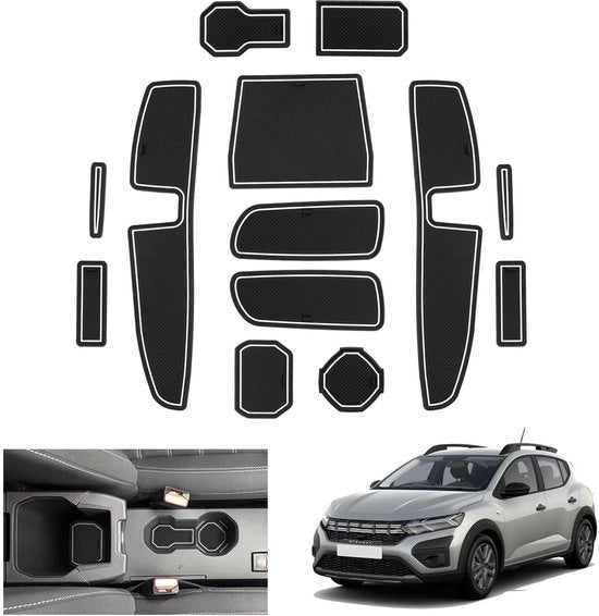 Accessori per Dacia Sandero 3/ Sandero Stepway III 2021-2024 2025, tappetini antislittamento in gomma, Sandero 2023, tappetini per console centrale, tappetini per portellone, accessori per Dacia Sandero 3 (bianchi)