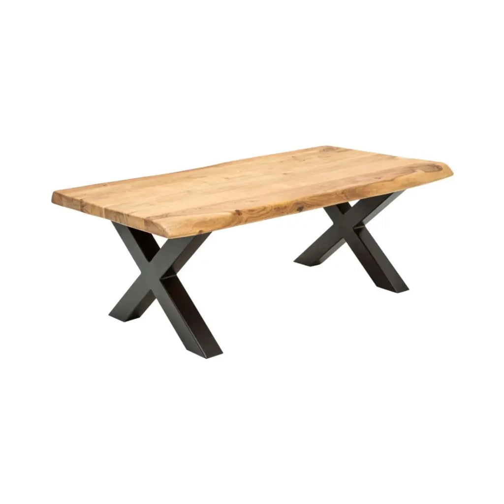 Tavolino ARKAYA 110 cm in legno di acacia massiccio con gambe in metallo nero a forma di X