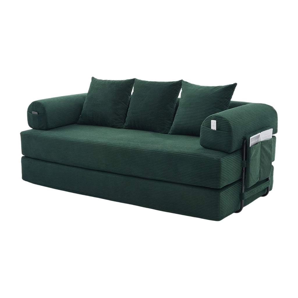 Divano modulare con tasca laterale e 3 cuscini - in corduroy e metallo - verde smeraldo