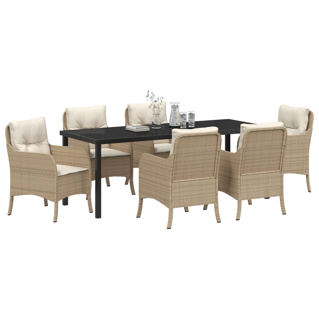 Set da Pranzo da Giardino 7 Pezzi con Cuscini Beige in Polyrattan
