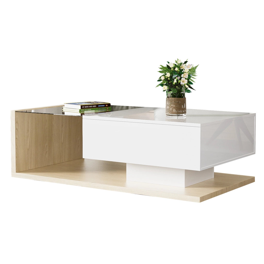 OKWISH Tavolino da Salotto Rettangolare con Piano in Vetro, Vano Contenitore e LED a 16 Colori, per Soggiorno, 105×55×32,5 cm