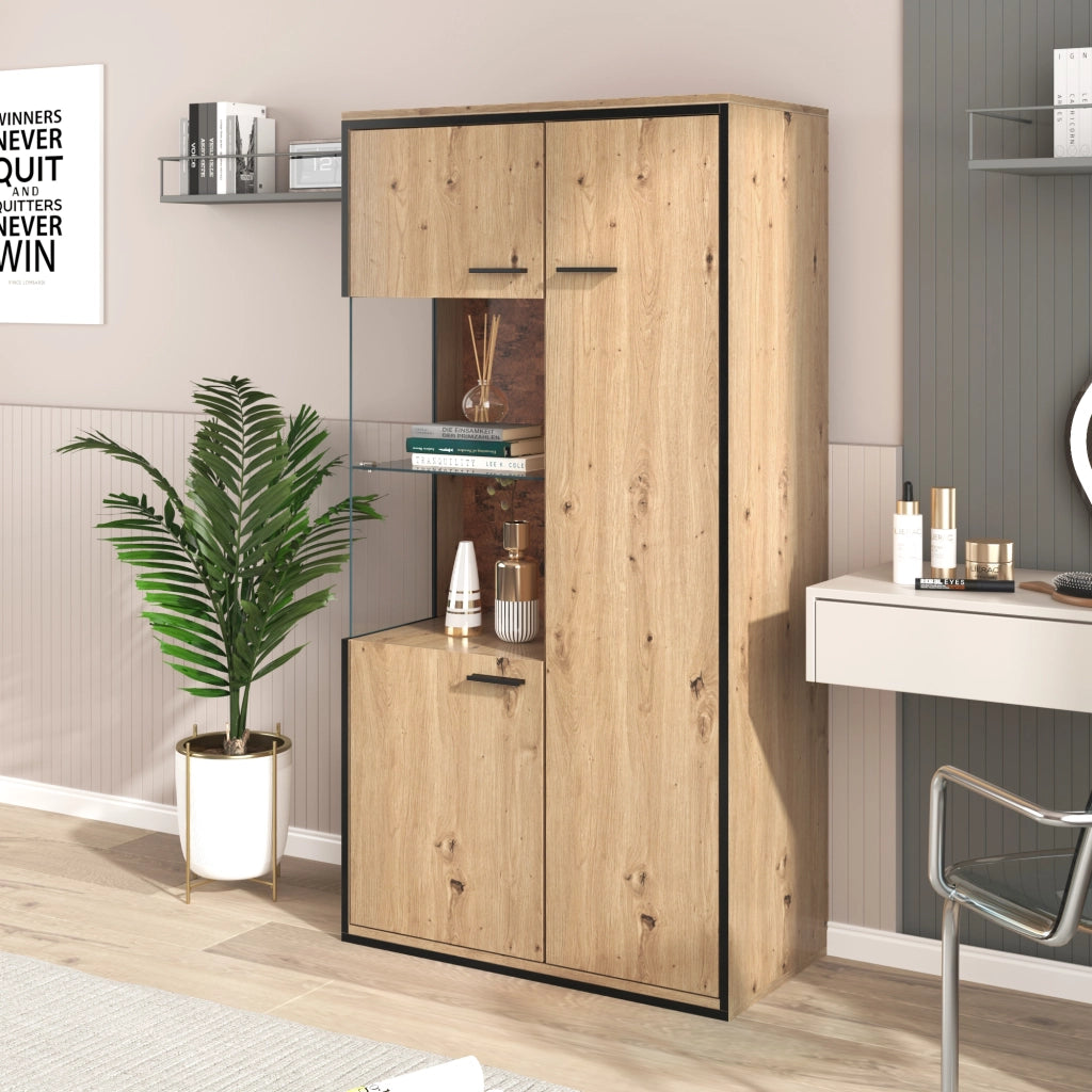 Vetrina con 1 Anta in Vetro e 3 Ripiani Regolabili con LED per Soggiorno in MDF 77;5×40×150 cm Naturale