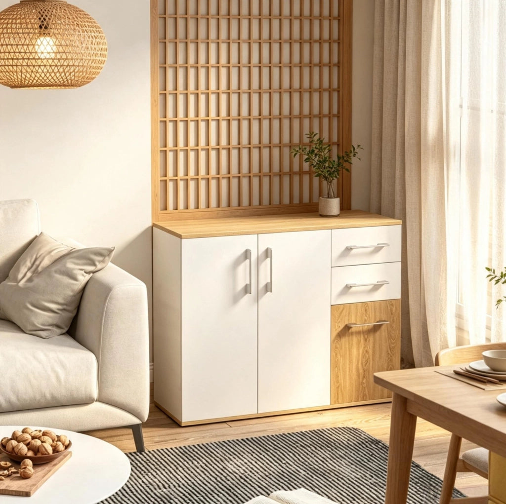 Credenza con 2 ante; 2 cassetti e ripiano regolabile; 90x30x75;5 cm; bianco e naturale