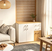 Credenza con 2 ante; 2 cassetti e ripiano regolabile; 90x30x75;5 cm; bianco e naturale