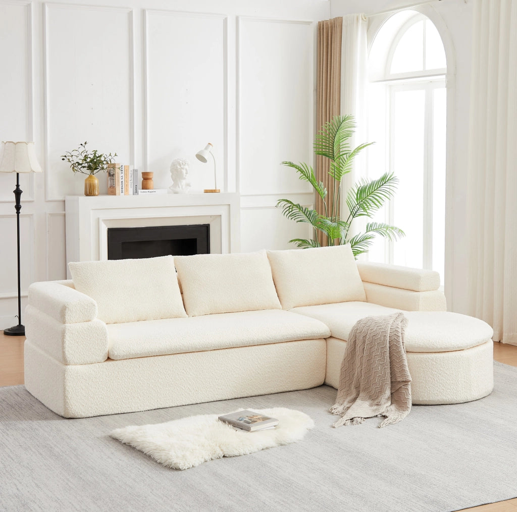 Divano angolare 3 posti beige in ciniglia con chaise longue