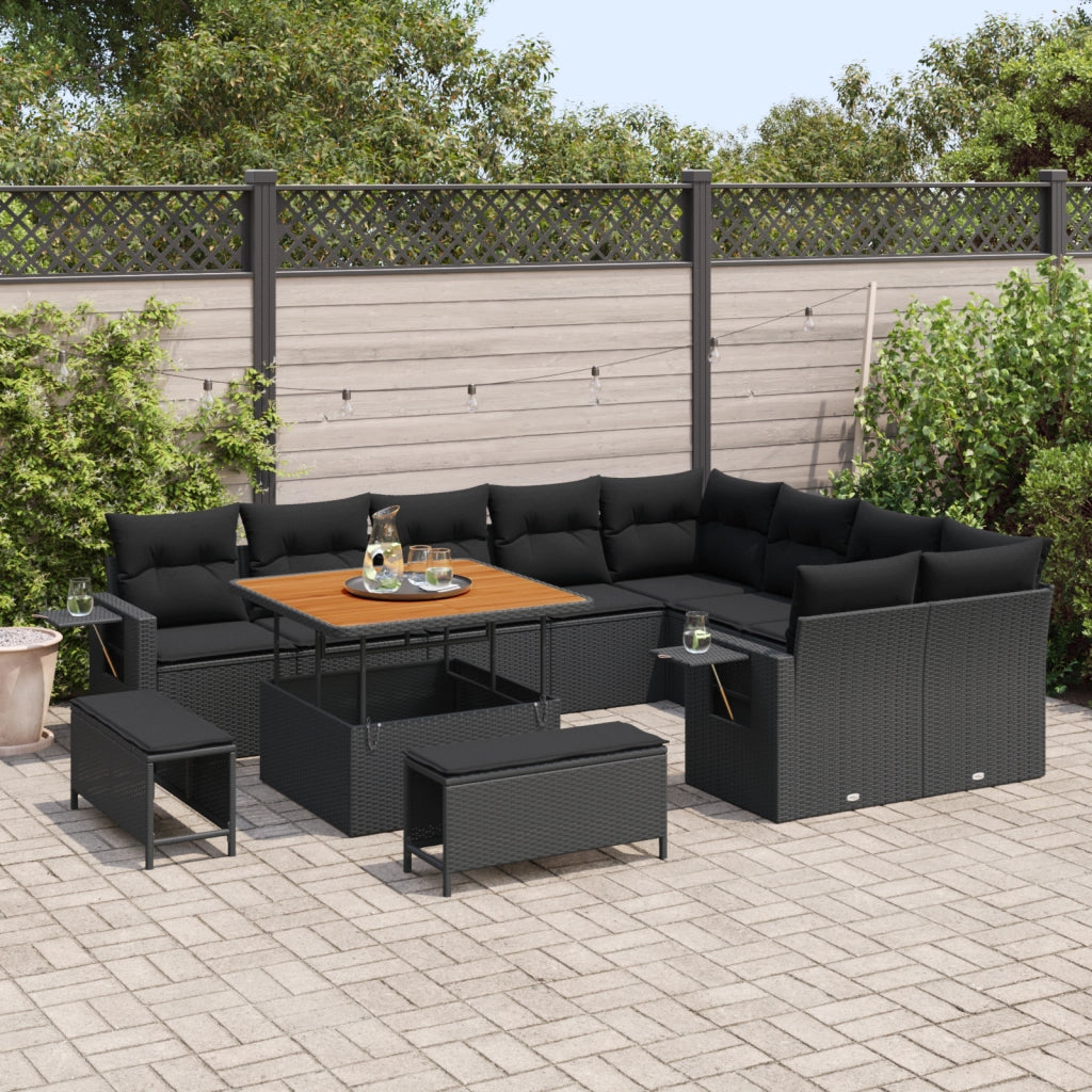 Set di Divani da Giardino  12 Pezzi con Cuscini neri in Polyrattan Acacia