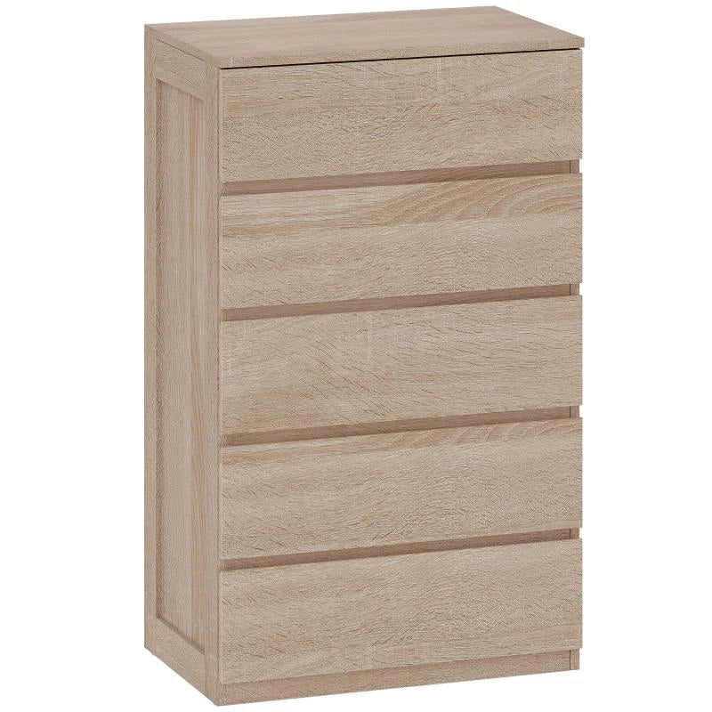 CASSETTIERA 5 CASSETTI IN LEGNO CON GUIDE IN METALLO E MANIGLIE SCANALATE, 60X39X100 CM, COLOR FAGGIO