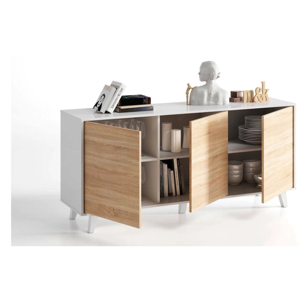 Credenza Acrolorum, Madia moderna a 3 ante e ripiani, Buffet da cucina, Buffet di design da soggiorno, cm 154x40h75, Bianco lucido e Bianco