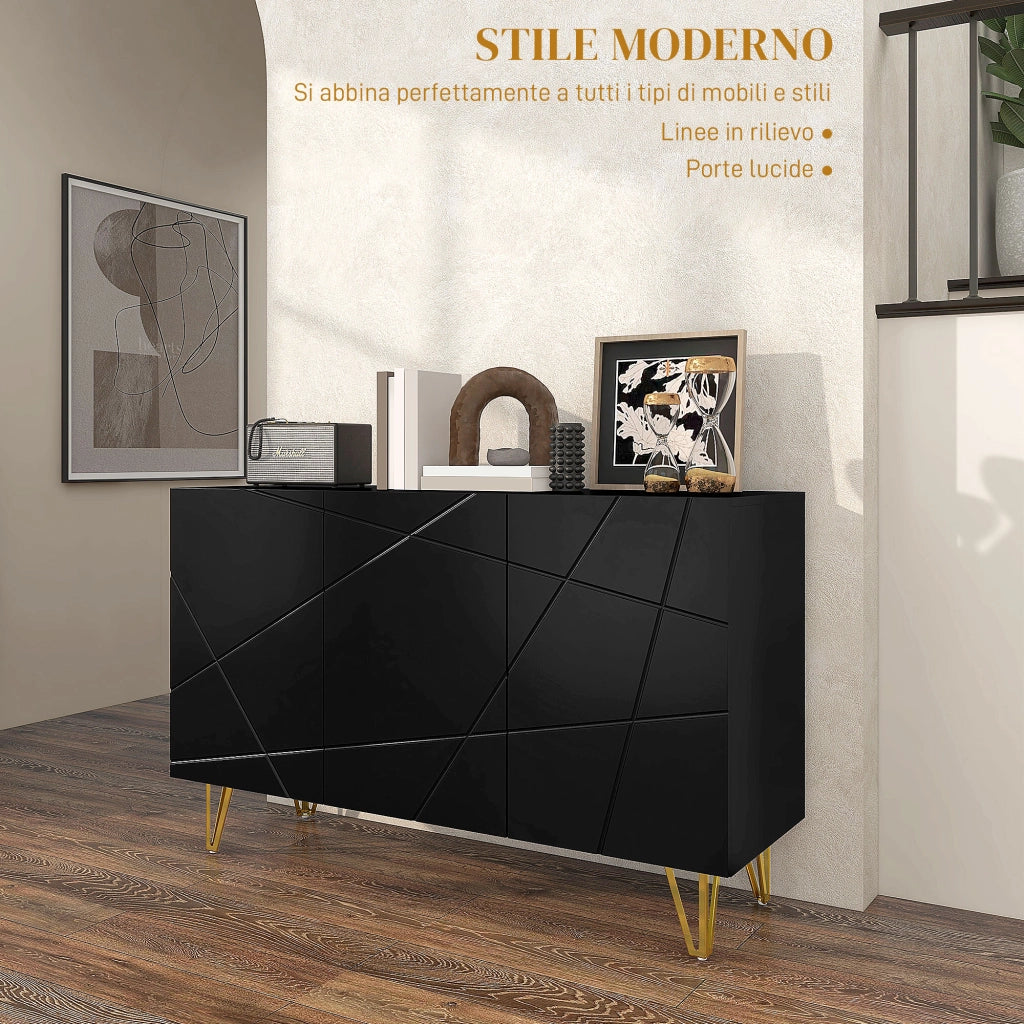 Mobile Contenitore con 2 Armadietti e Ripiano Regolabile, in Truciolato e Metallo, 120x40x75 cm, Nero e Oro