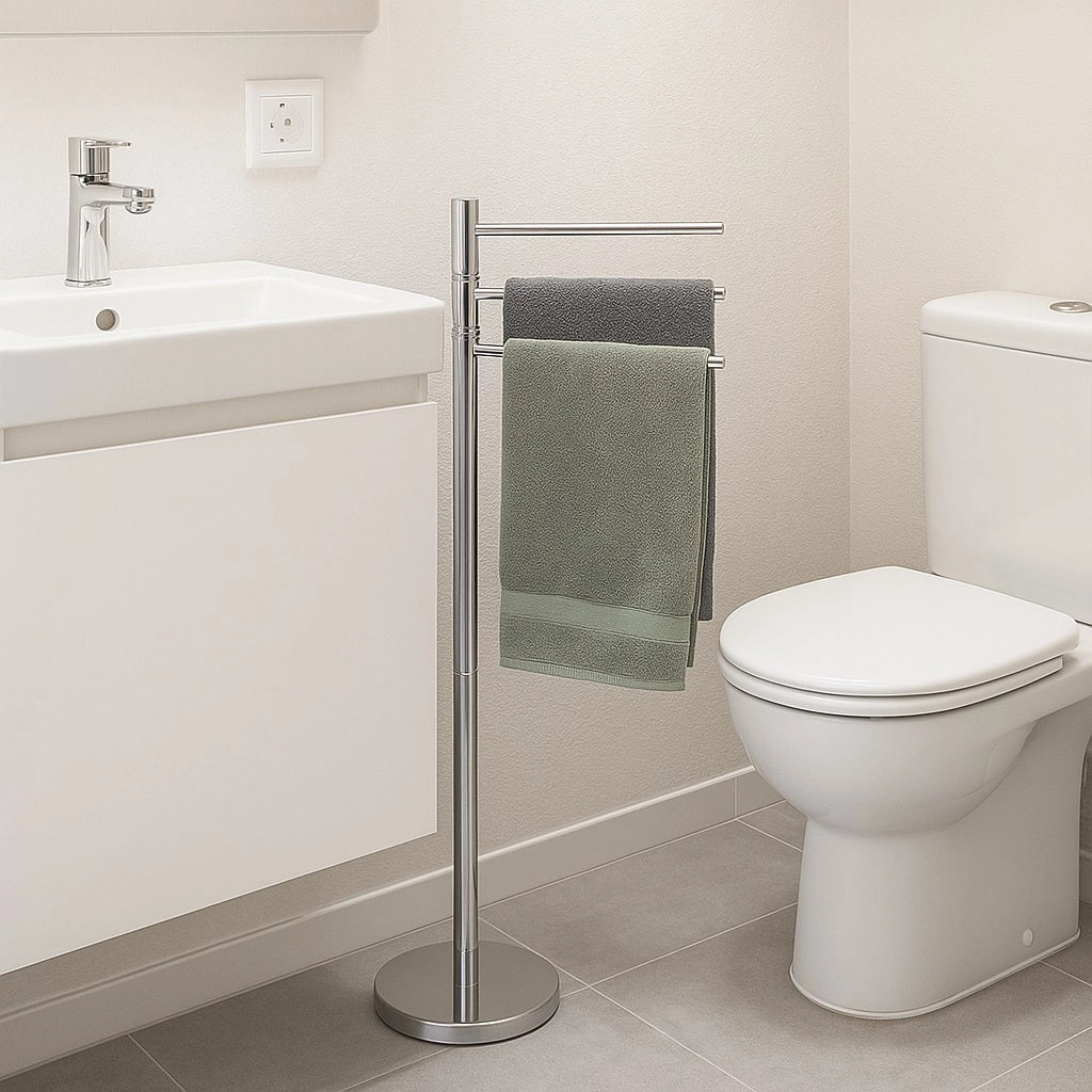 Piantana da Bagno Porta Asciugamani in Acciaio Inox Smaltato Cromo 3 Braccia Girevoli