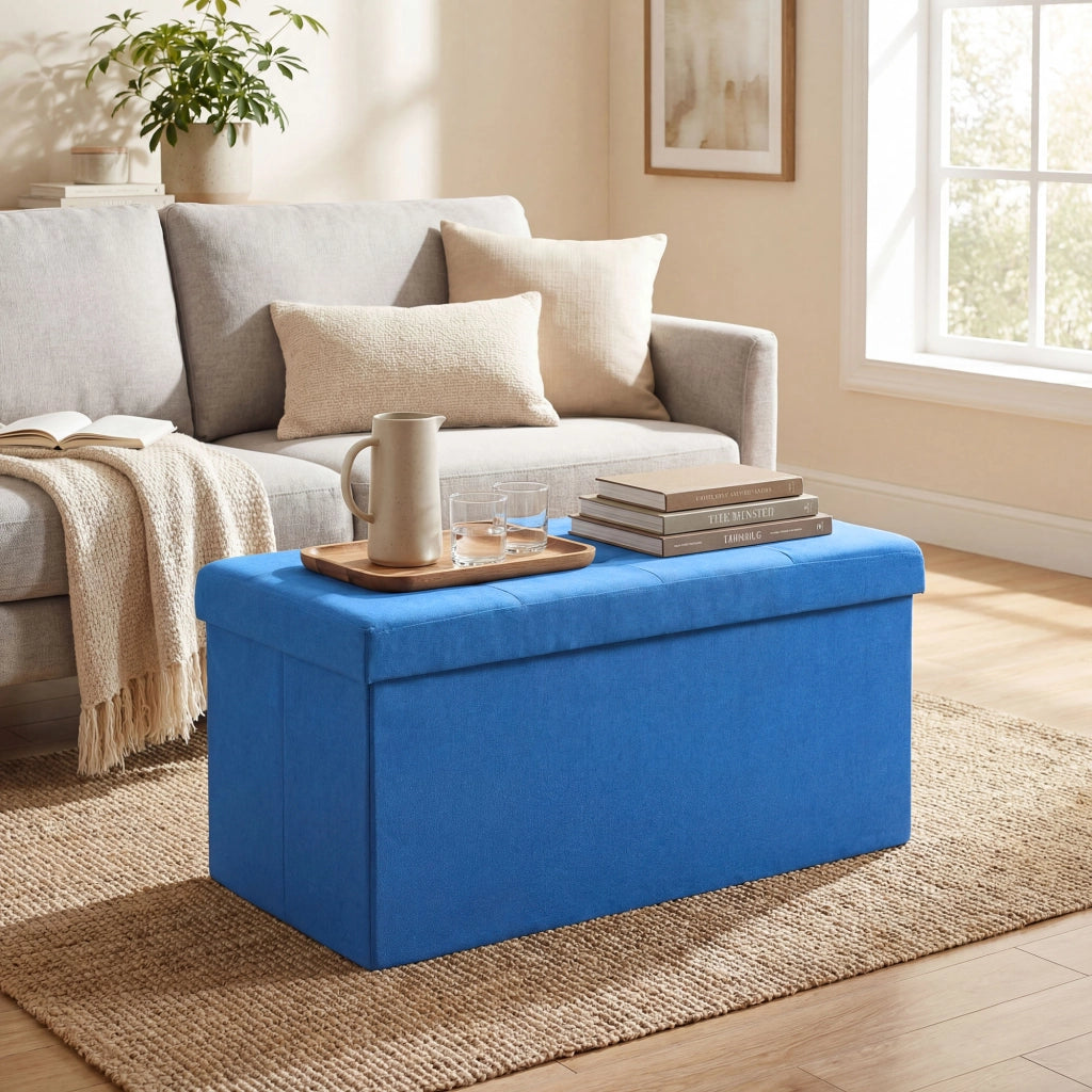 Pouf con contenitore ¨C zephmum ¨C blu, lino sintetico, 76x38x38 cm