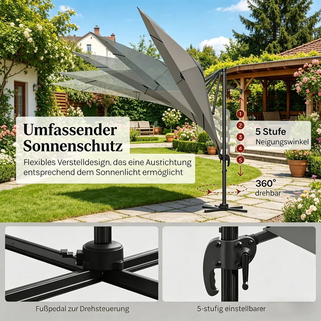 OMBRELLONE da giardino girevole 360° Ø 3 m Grigio scuro con base a croce
