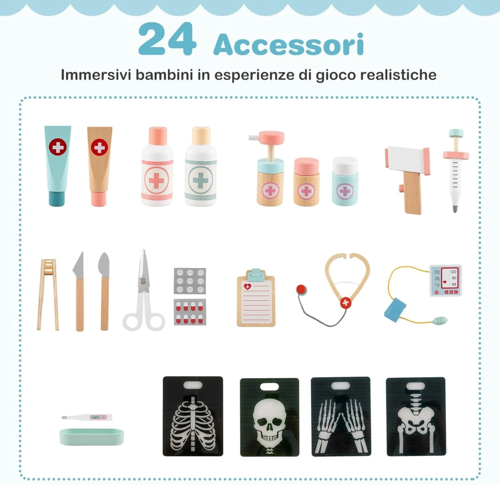 Set da Gioco Dottore in Legno, Centro Medico per Bambini con Orologio, Lavandino, Tabella Oculistica, Monitor ECG, Area Esame e 24 Accessori Giocattolo, 97 × 30,5 × 88 cm (Blu)