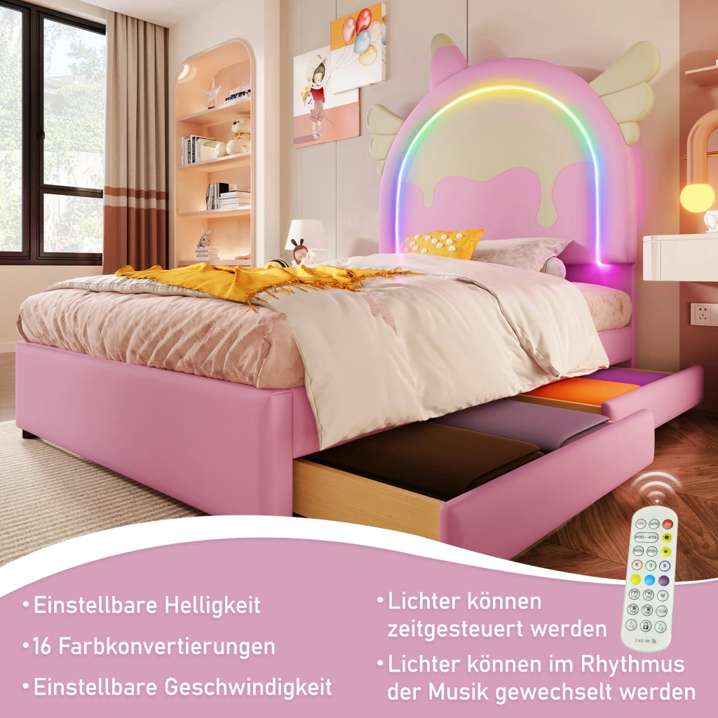 Letto Singolo per Bambini 90 x 200 cm con 2 Cassetti e Barra Luminosa; Forma Unicorno; senza Materasso; PU; Rosa