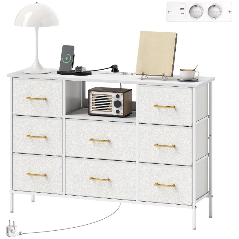Comò con 8 cassetti e stazione di ricarica in tessuto bouclé, per ingresso e soggiorno, crema bianco 110 × 30 × 76 cm