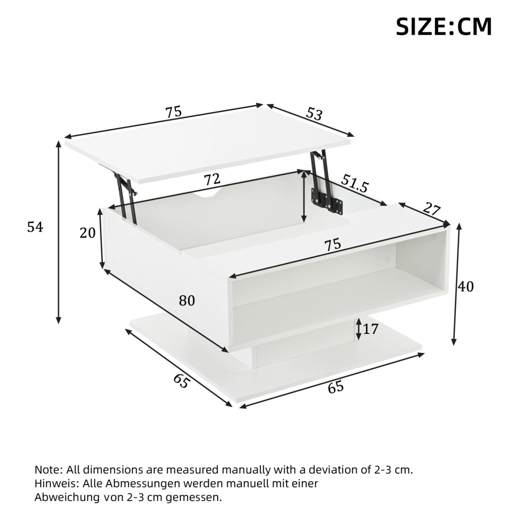 Tavolino da caffè sollevabile 80 x 75 x 40 cm con LED; contenitore nascosto; bianco