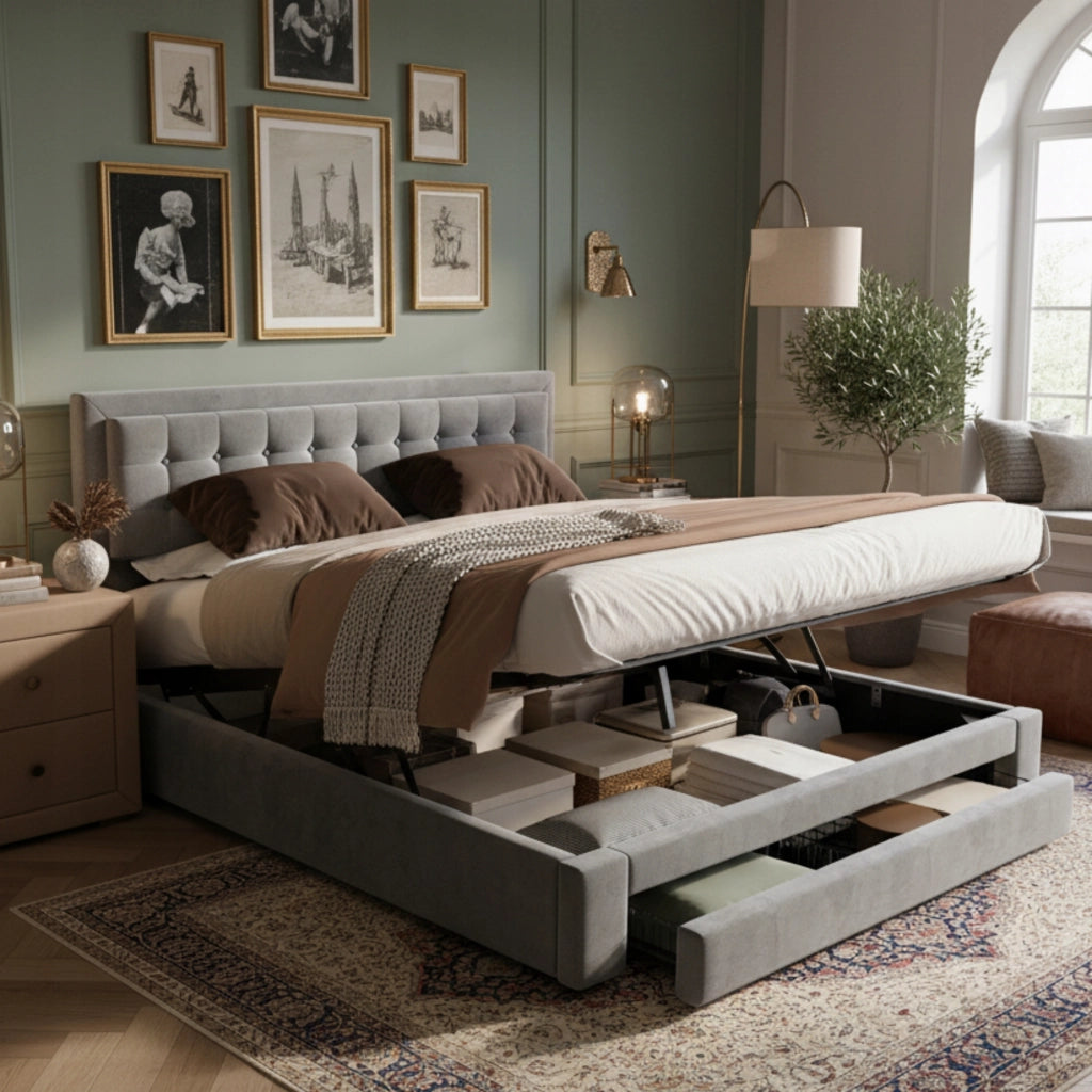 Letto imbottito con cassetti - Xylo - 180x200 - Grigio