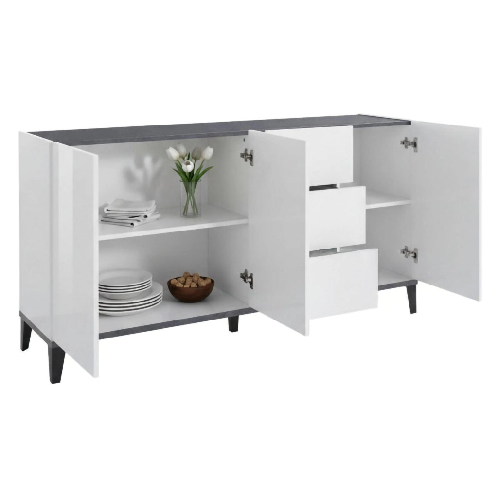Credenza moderna a 3 ante e 3 Abic, Made in Italy, Madia da cucina rialzata, Buffet di design da soggiorno, Cm 160x40h82, Bianco lucido e Ardesia