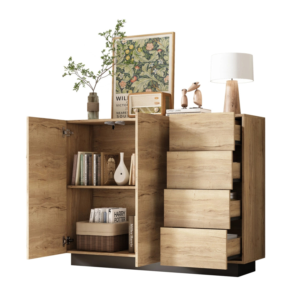 Credenza 120 cm con 2 ante e 4 cassetti nero e naturale