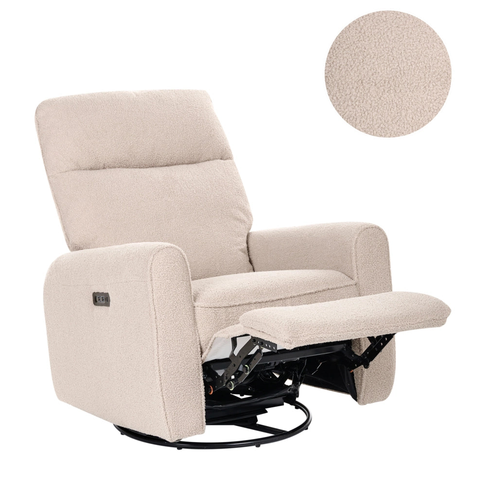Poltrona reclinabile elettrica beige chiaro in bouclé girevole con porta USB per soggiorno stile rustico