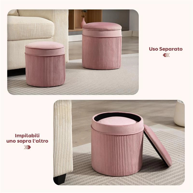 SET 2 POUF POGGIAPIEDI ROTONDI IMPILABILI E IMBOTTITI CON RIVESTIMENTO IN VELLUTO, CONTENITORE DA 34.8L, ROSA