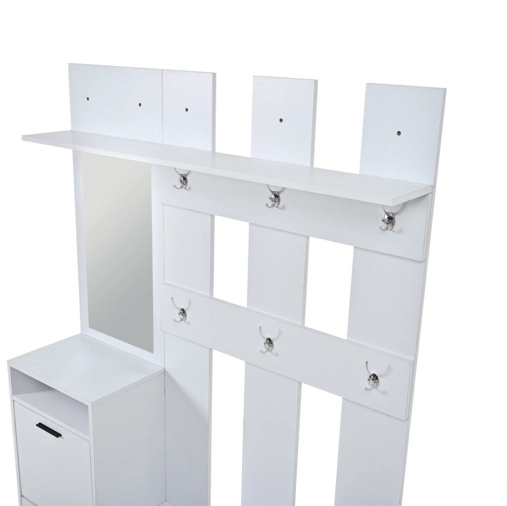 Garderoba ingresso multifunzione 120x30x180 cm con specchio; scarpiera ribaltabile e 6 ganci; bianco