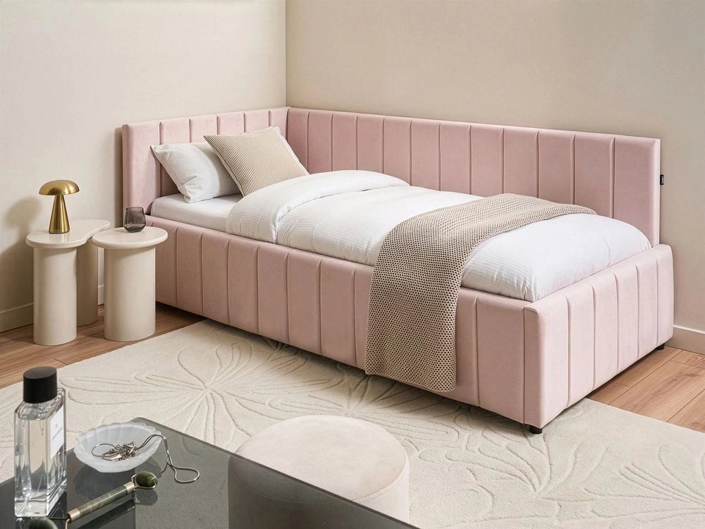 Letto 90 x 200 cm in velluto rosa imbottito elegante rete a doghe gambe in legno
