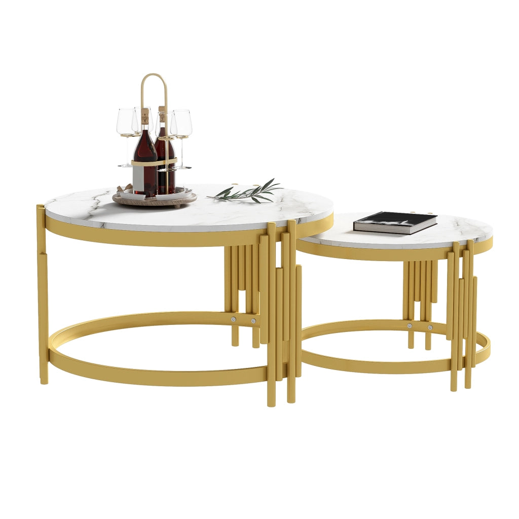 TAVOLO DA CAFFÈ Set 2 pezzi rotondo effetto marmo 71,5/51,5 cm metallo oro