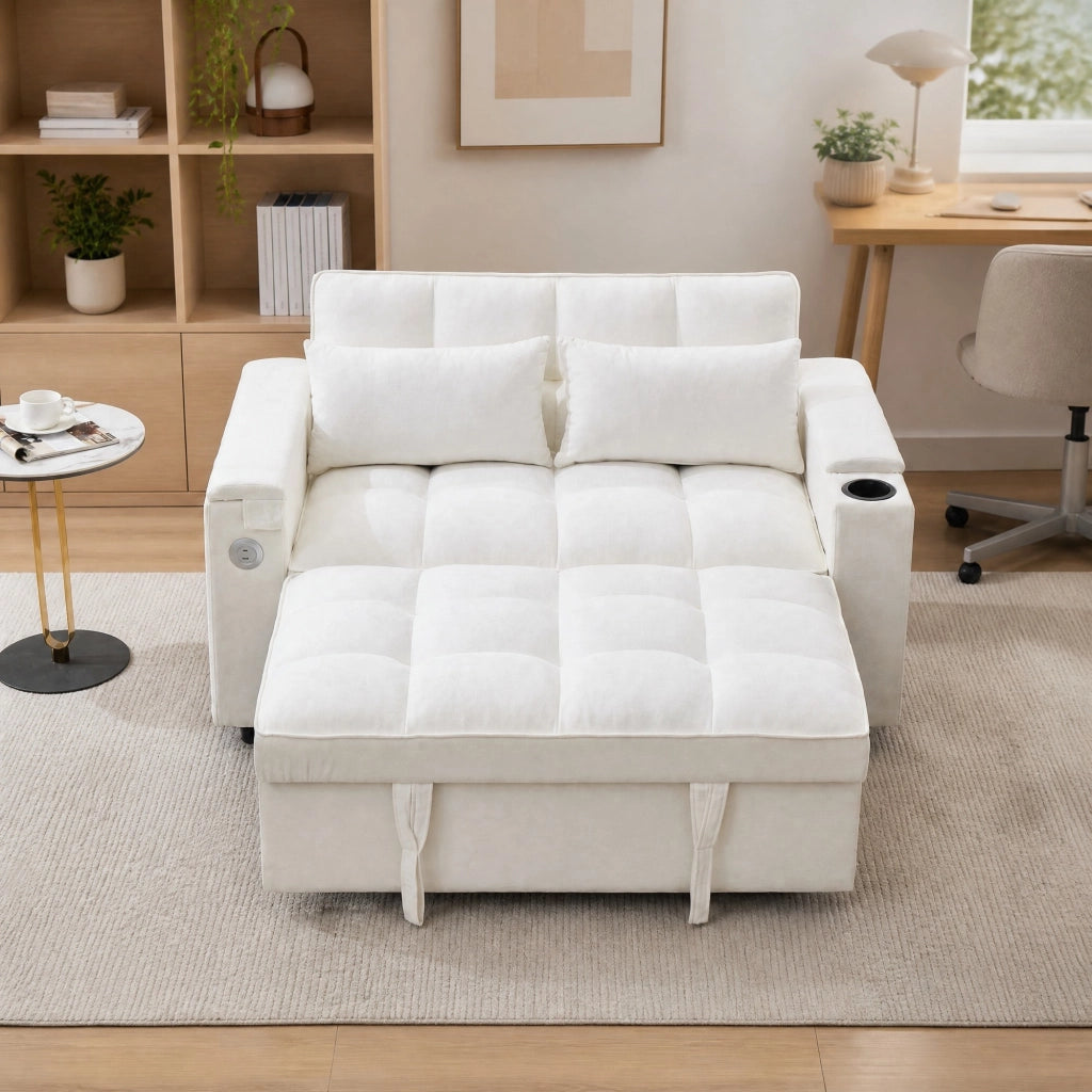 Divano letto pieghevole beige con USB, Type-C e tavolino