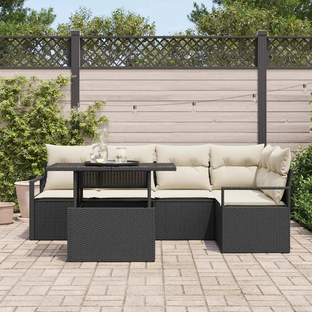 Set Divano da Giardino 6 pcs Nero e Crema polyrattan