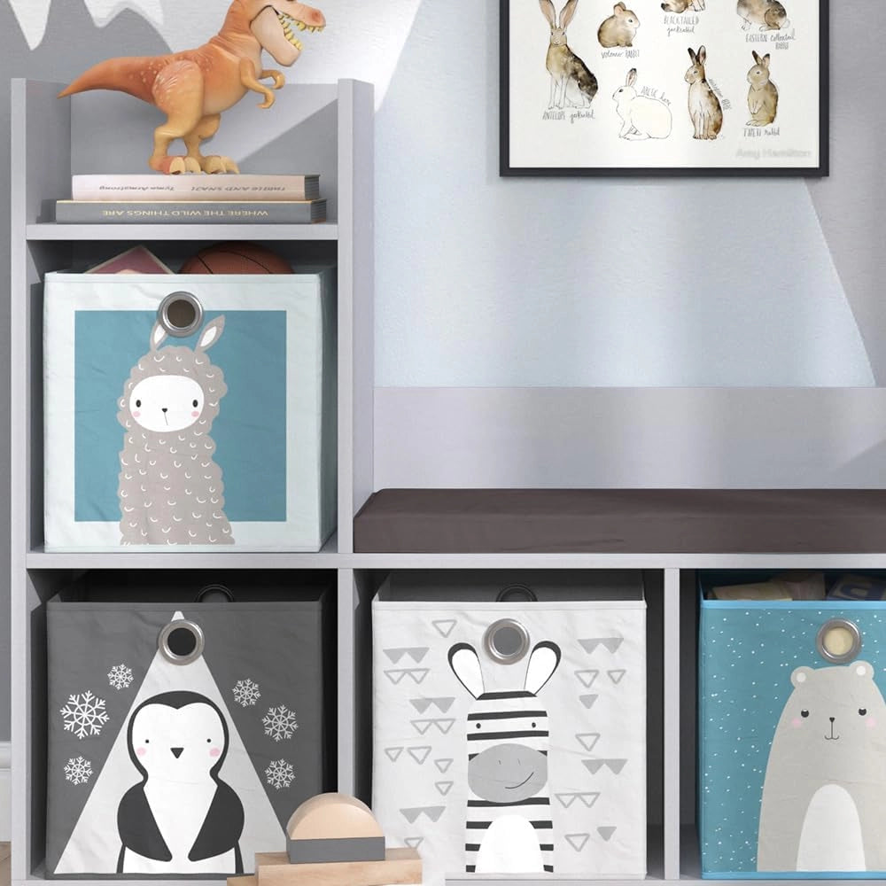 Scaffale per bambini Luigi, Grigio, 107.2 x 88.6 cm, con seduta imbottita e quattro ripiani aperti