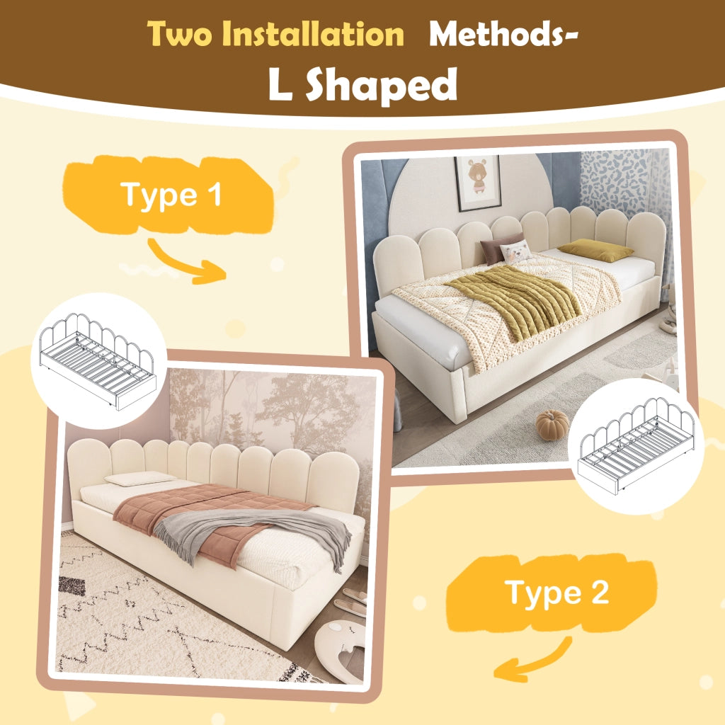 OKWISH Letto a Scomparsa 90×200 cm, Letto Singolo con Letto Estraibile 90×190 cm, Sponde e 2 Fermi, senza Materasso, Velluto, Beige