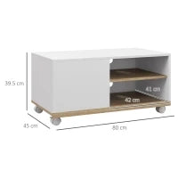 Mobile TV 42" Max con 2 Ripiani Aperti e Anta e Ruote, in Truciolato, 80x45x39.5 cm, Bianco