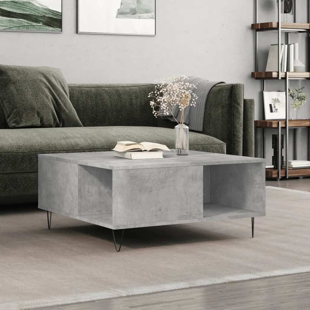 Tavolino Salotto-Tavolino da soggiorno-Tavolo Grigio Cemento 80x80x36,5 cm Legno Multistrato 541045